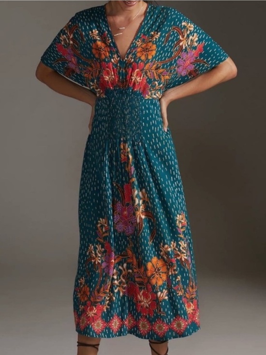 Anthropologie Dresses & Skirts - Anthropologie Bl-nk Tatiana Teal Floral V-Neck Midi Kaftan Dress